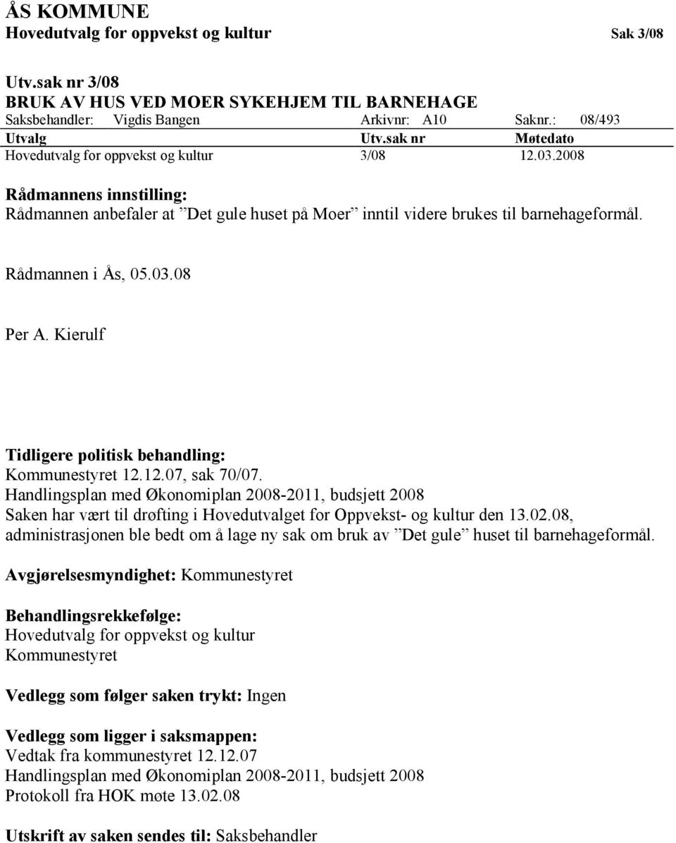 03.08 Per A. Kierulf Tidligere politisk behandling: Kommunestyret 12.12.07, sak 70/07.