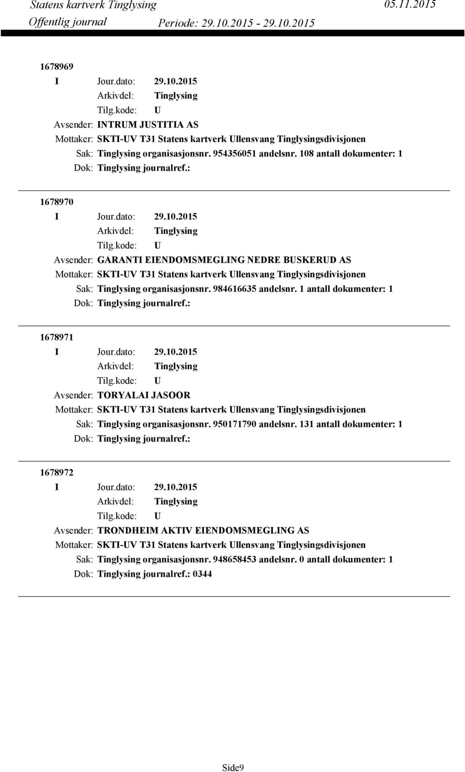 984616635 andelsnr. 1 antall dokumenter: 1 Dok: journalref.: 1678971 Avsender: TORYALAI JASOOR Mottaker: SKTI-V T31 Statens kartverk llensvang sdivisjonen organisasjonsnr. 950171790 andelsnr.