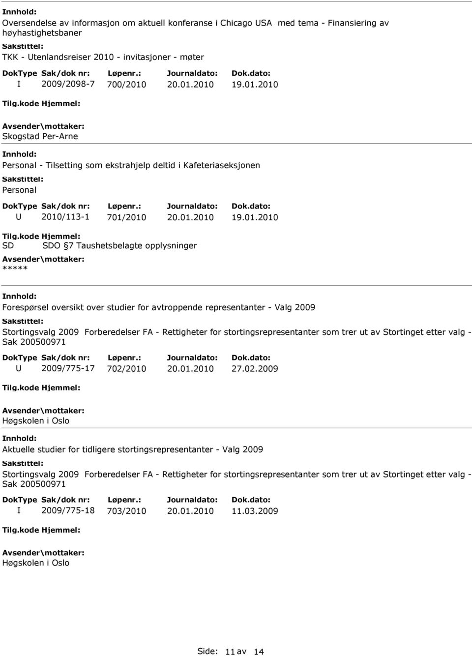 kode SD Hjemmel: SDO 7 Taushetsbelagte opplysninger ***** Forespørsel oversikt over studier for avtroppende representanter - Valg 2009 Stortingsvalg 2009 Forberedelser FA - Rettigheter for