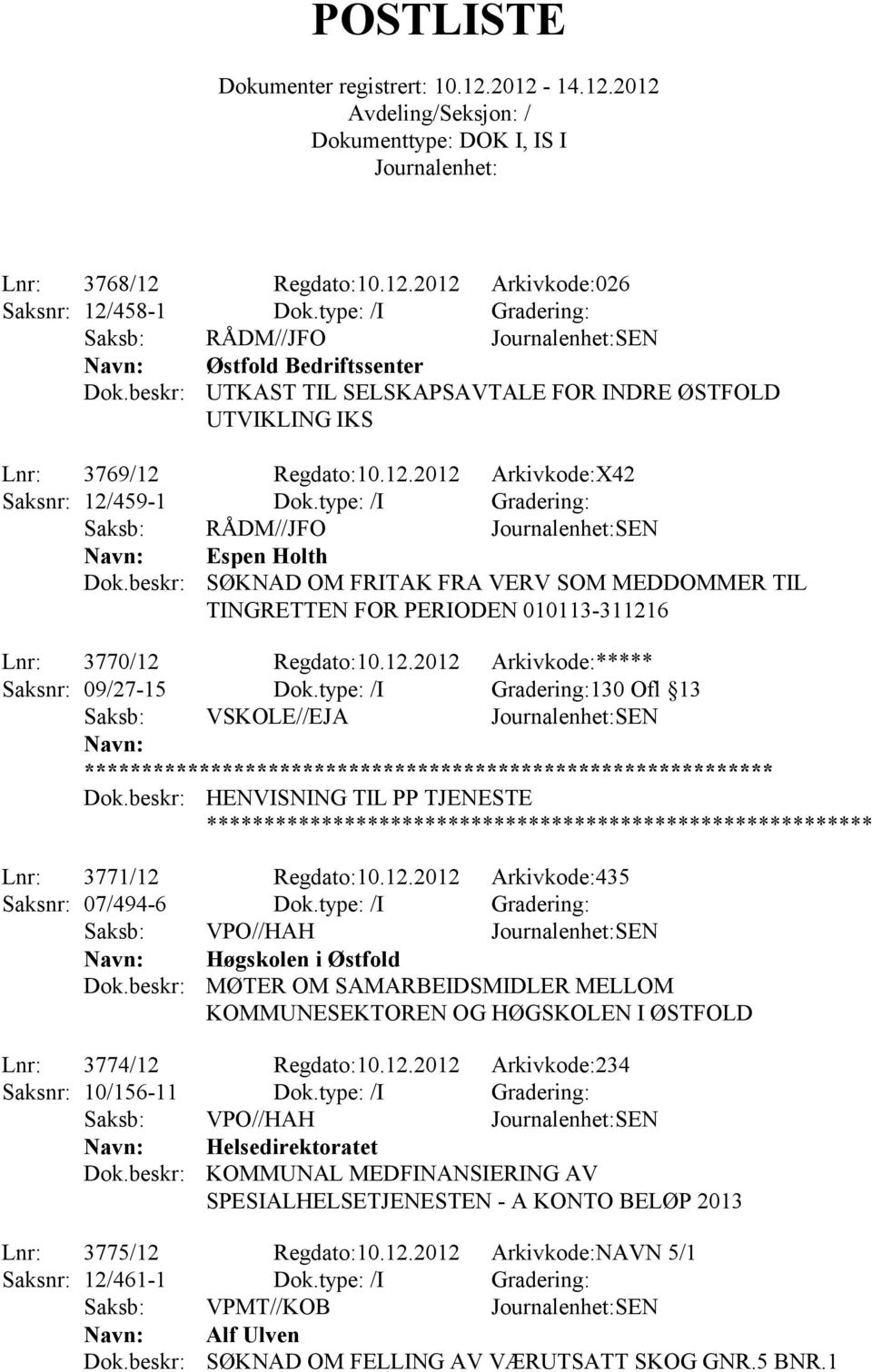 type: /I Gradering: Saksb: RÅDM//JFO SEN Espen Holth SØKNAD OM FRITAK FRA VERV SOM MEDDOMMER TIL TINGRETTEN FOR PERIODEN 010113-311216 Lnr: 3770/12 Regdato:10.12.2012 Arkivkode:***** Saksnr: 09/27-15 Dok.