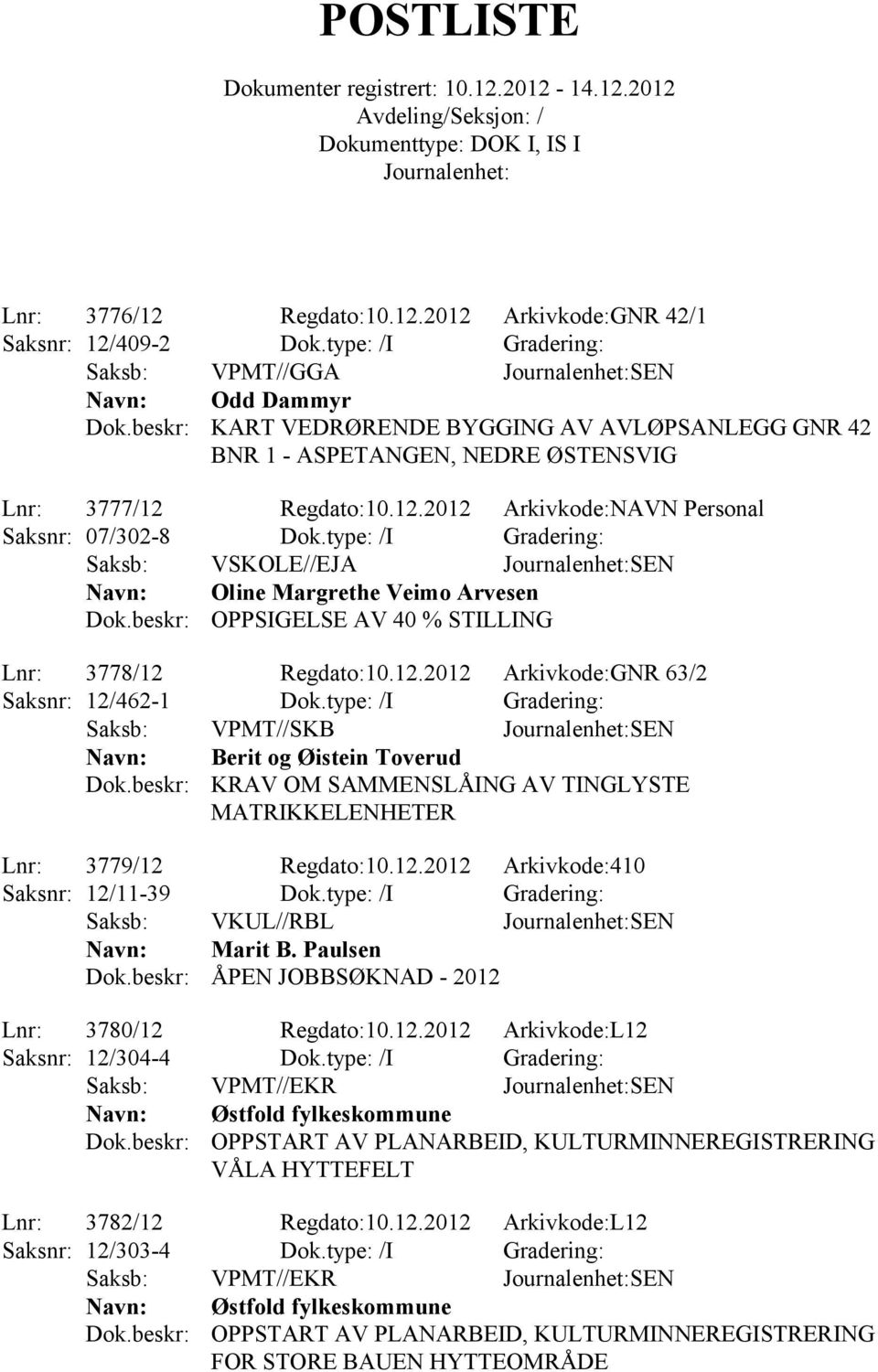 type: /I Gradering: Saksb: VSKOLE//EJA SEN Oline Margrethe Veimo Arvesen OPPSIGELSE AV 40 % STILLING Lnr: 3778/12 Regdato:10.12.2012 Arkivkode:GNR 63/2 Saksnr: 12/462-1 Dok.