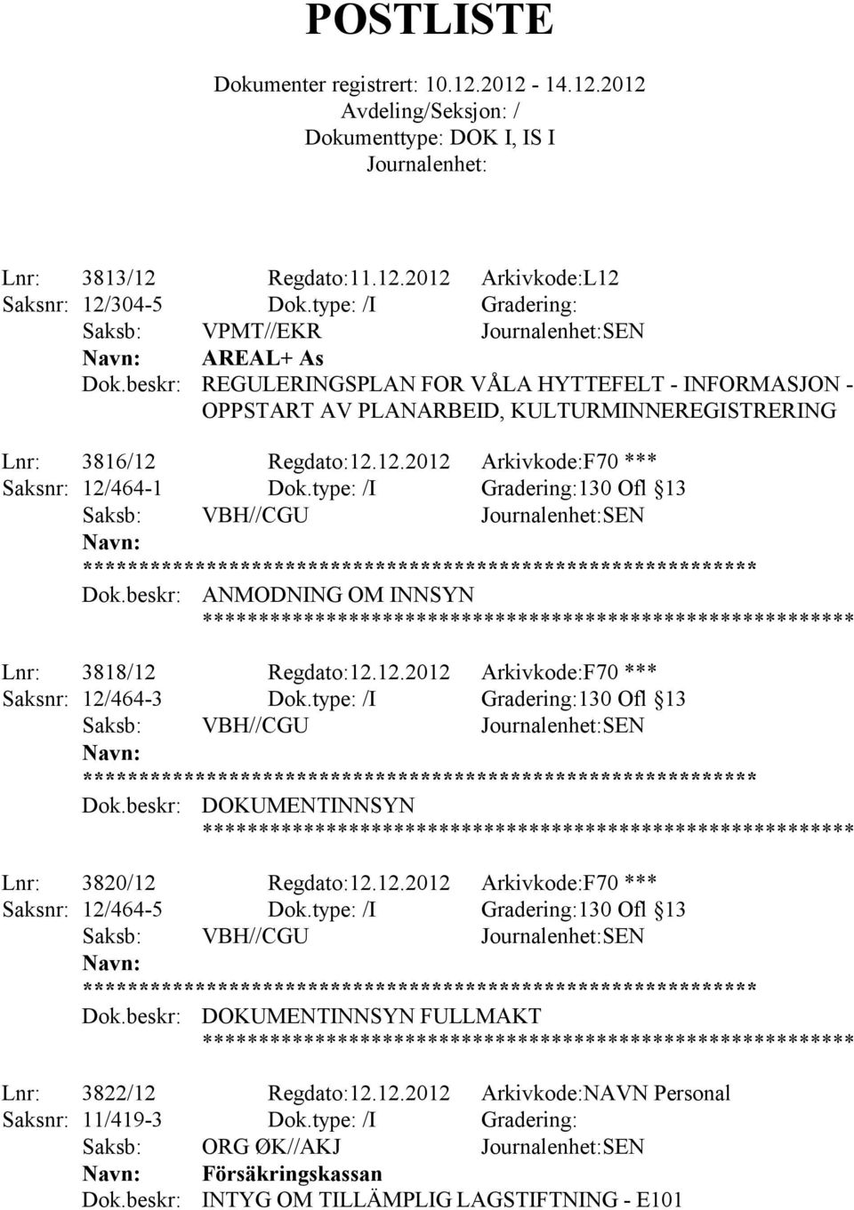 Regdato:12.12.2012 Arkivkode:F70 *** Saksnr: 12/464-1 Dok.type: /I Gradering:130 Ofl 13 Saksb: VBH//CGU SEN ANMODNING OM INNSYN Lnr: 3818/12 Regdato:12.12.2012 Arkivkode:F70 *** Saksnr: 12/464-3 Dok.