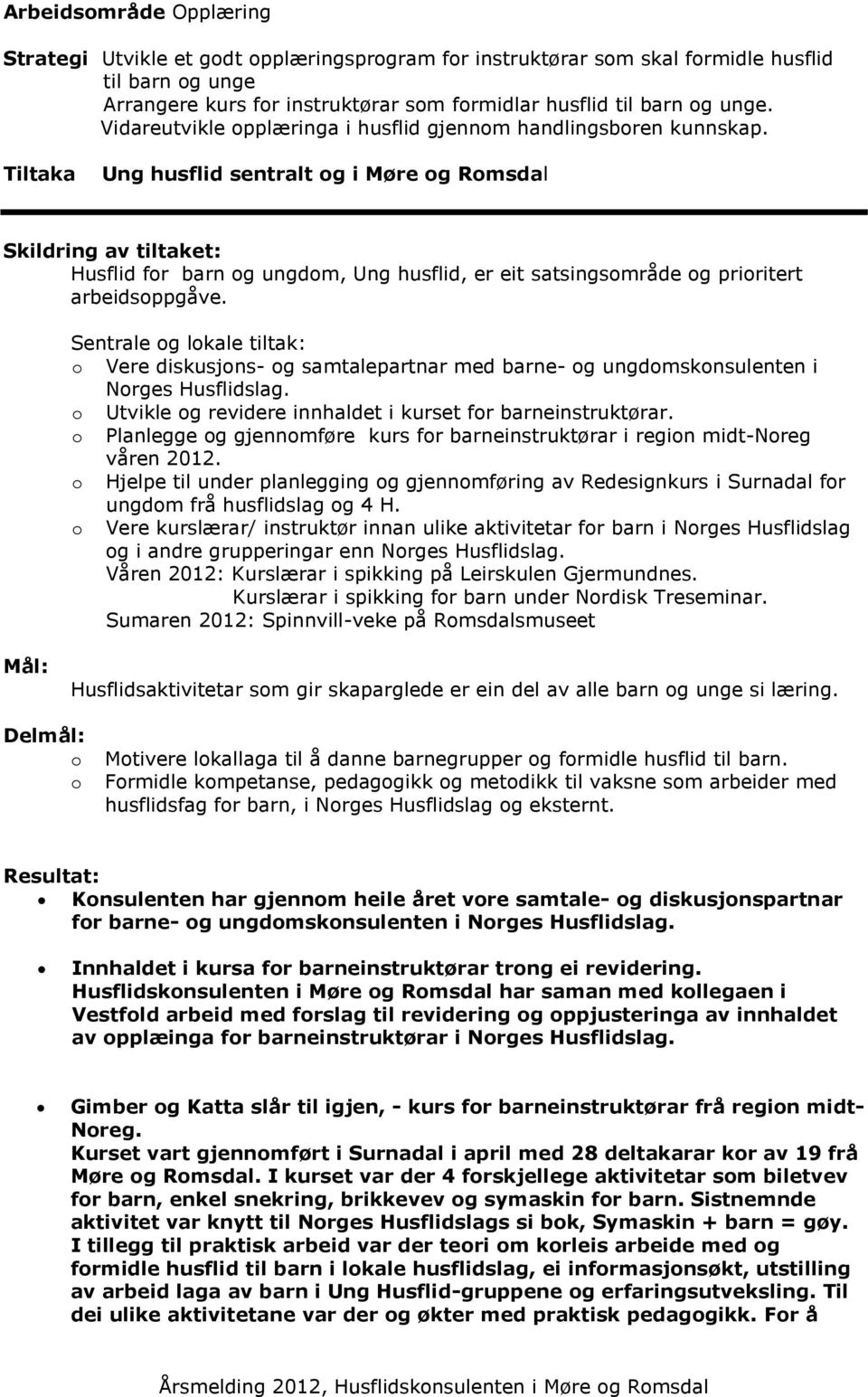 Tiltaka Ung husflid sentralt og i Møre og Romsdal Skildring av tiltaket: Husflid for barn og ungdom, Ung husflid, er eit satsingsområde og prioritert arbeidsoppgåve.