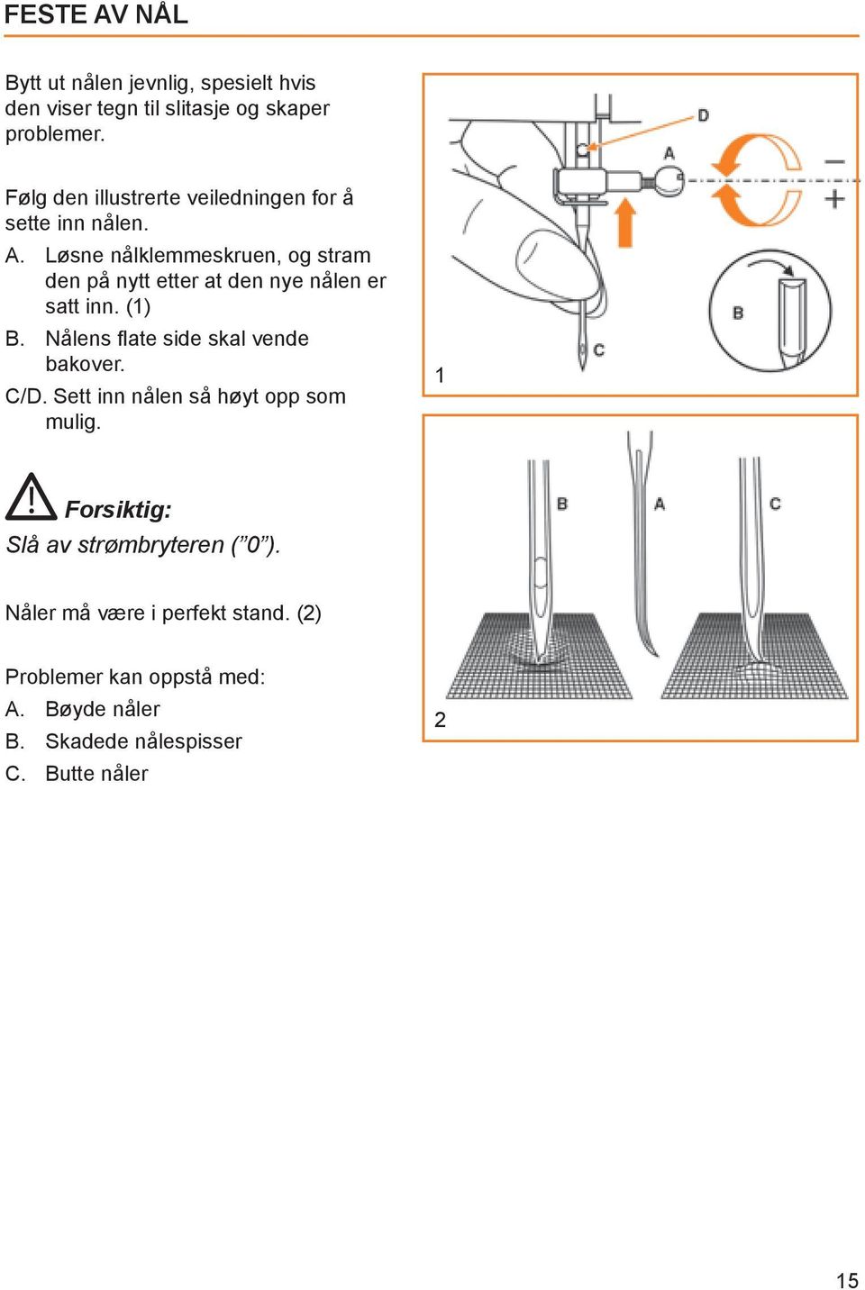 Løsne nålklemmeskruen, og stram den på nytt etter at den nye nålen er satt inn. (1) B.