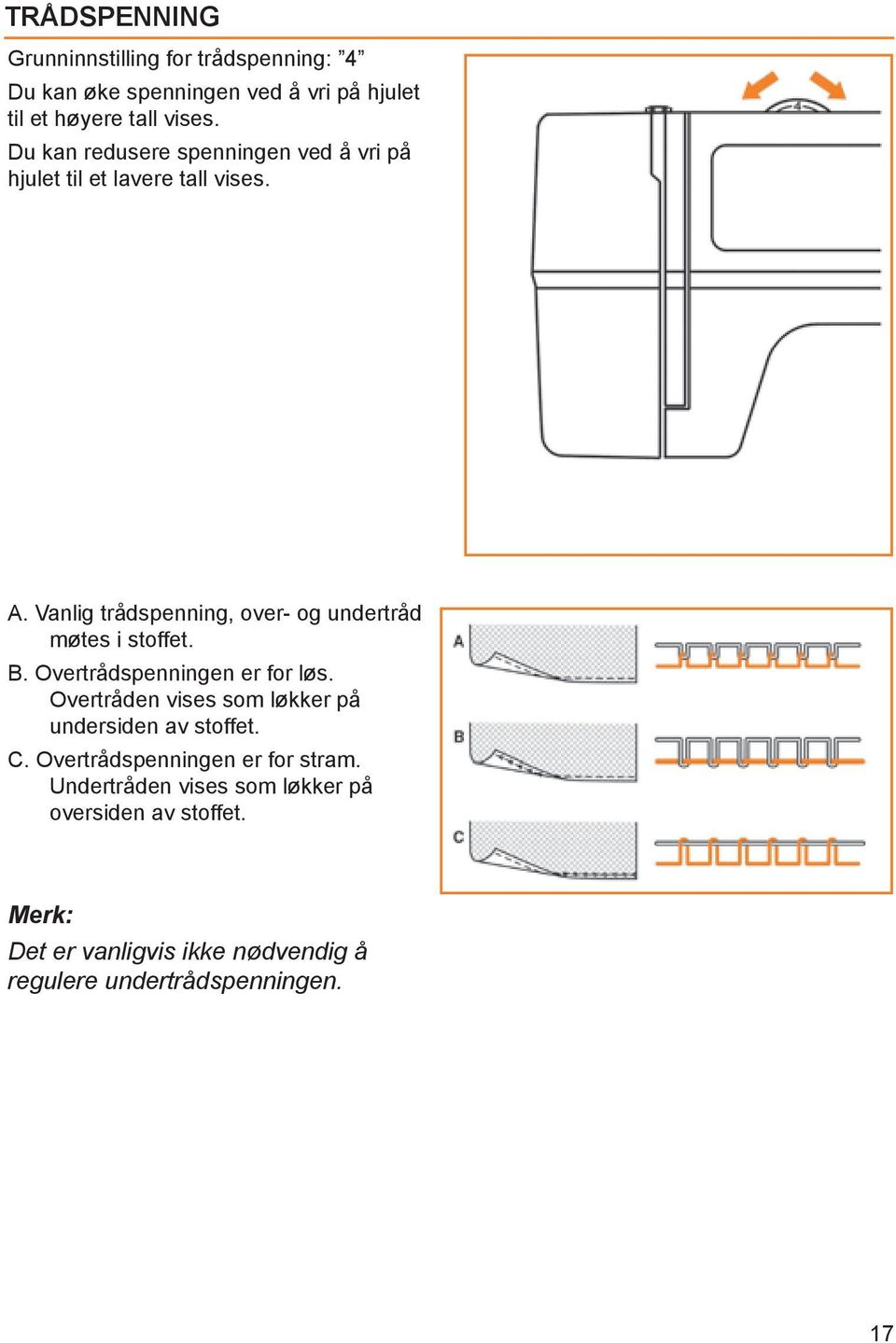 Vanlig trådspenning, over- og undertråd møtes i stoffet. B. Overtrådspenningen er for løs.