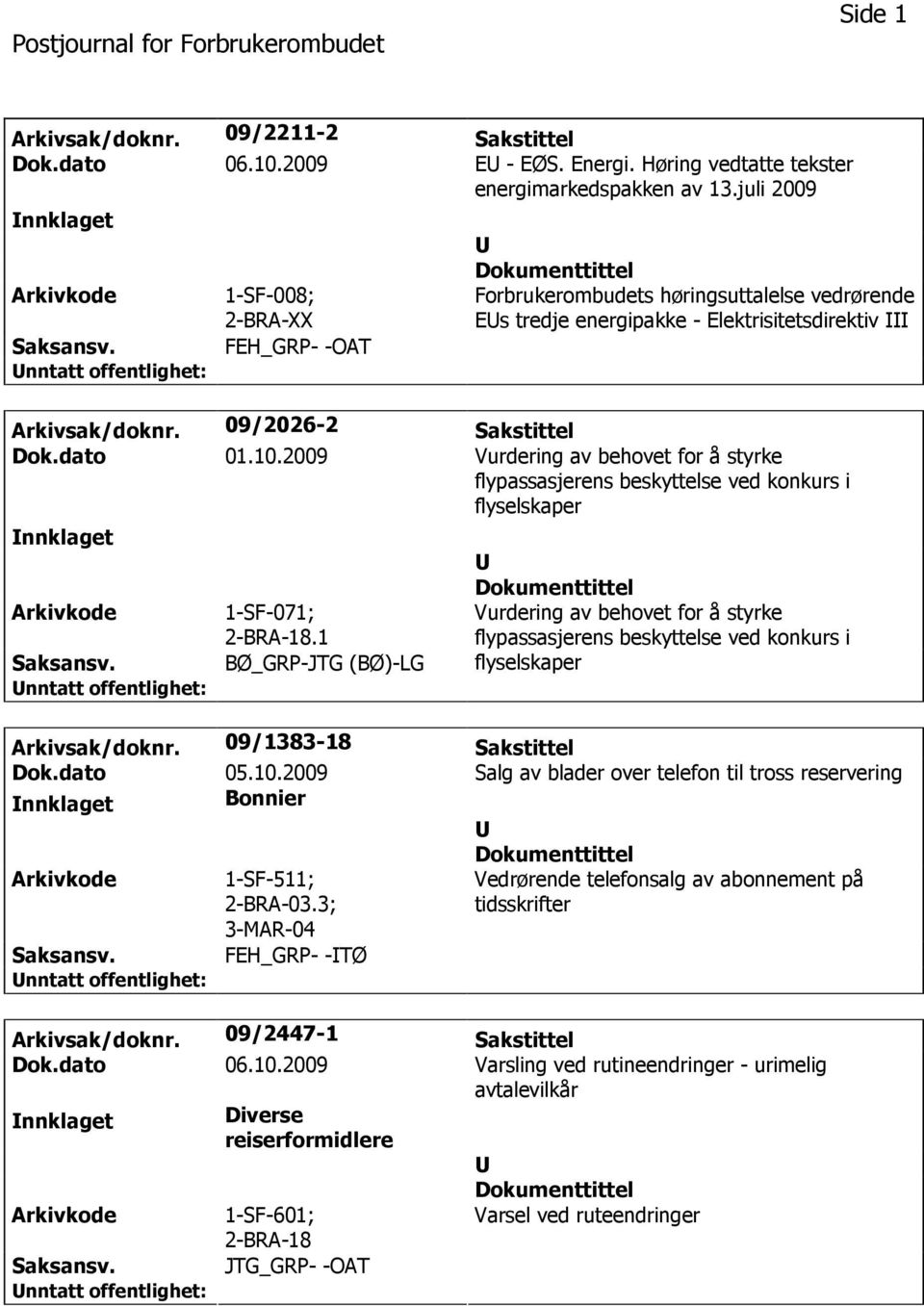 2009 Vurdering av behovet for å styrke flypassasjerens beskyttelse ved konkurs i flyselskaper nnklaget 1-SF-071; 2-BRA-18.