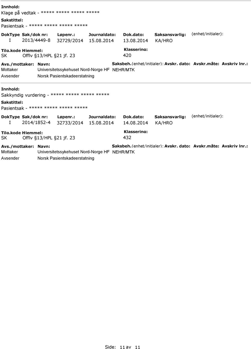 : Mottaker niversitetssykehuset Nord-Norge HF NEHR/MTK Norsk Pasientskadeerstatning Sakkyndig vurdering - ***** ***** *****