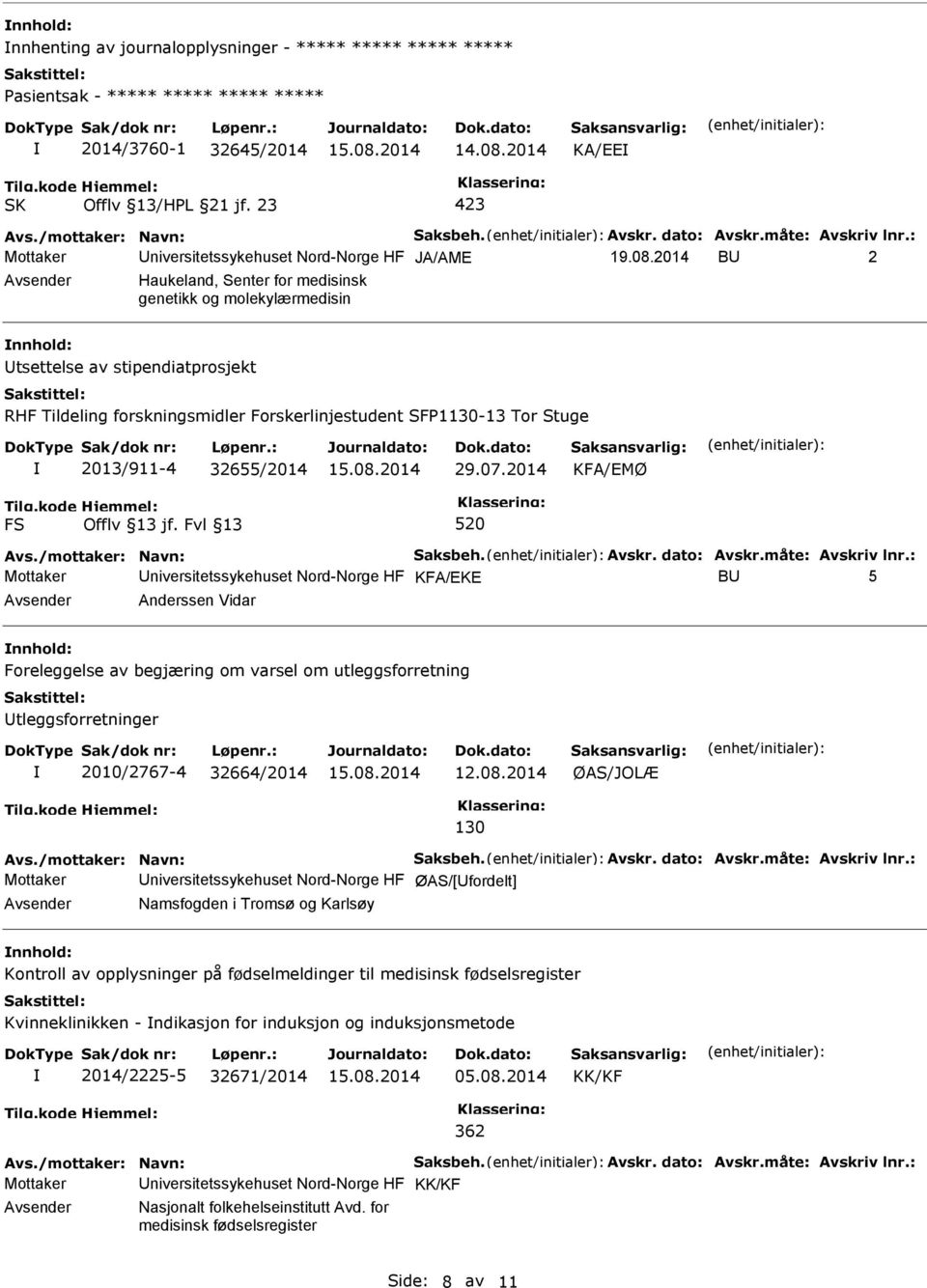 2014 B 2 Haukeland, Senter for medisinsk genetikk og molekylærmedisin tsettelse av stipendiatprosjekt RHF Tildeling forskningsmidler Forskerlinjestudent SFP1130-13 Tor Stuge 2013/911-4 32655/2014 29.