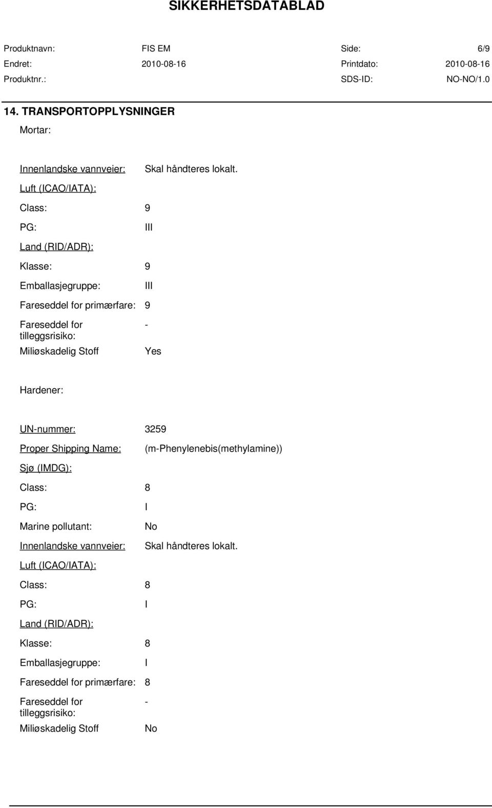 Miliøskadelig Stoff - Yes Hardener: UN-nummer: 3259 Proper Shipping Name: (m-phenylenebis(methylamine)) Sjø (IMDG): Class: 8 PG: Marine