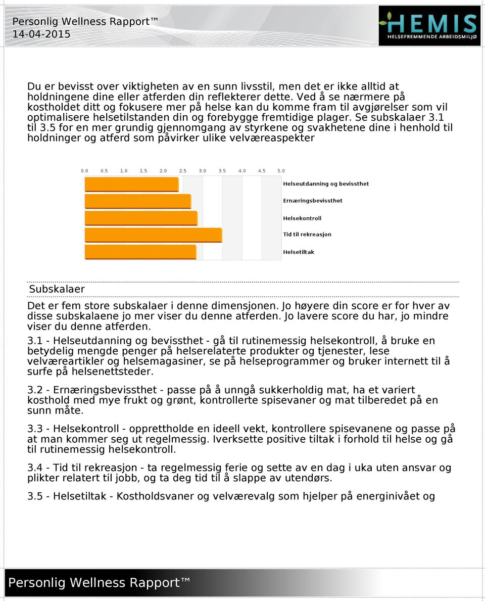 5 for en mer grundig gjennomgang av styrkene og svakhetene dine i henhold til holdninger og atferd som påvirker ulike velværeaspekter Subskalaer Det er fem store subskalaer i denne dimensjonen.