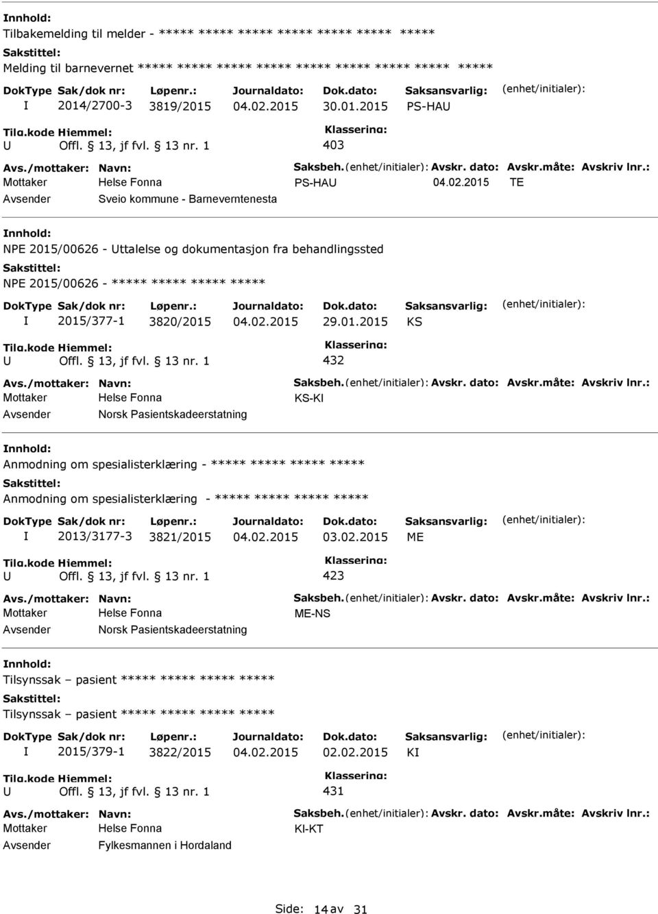 : Mottaker S-HA TE Sveio kommune - Barneverntenesta NE 2015/00626 - ttalelse og dokumentasjon fra behandlingssted NE 2015/00626 - ***** ***** ***** ***** 2015/377-1 3820/2015 29.01.2015 KS 432 Avs.