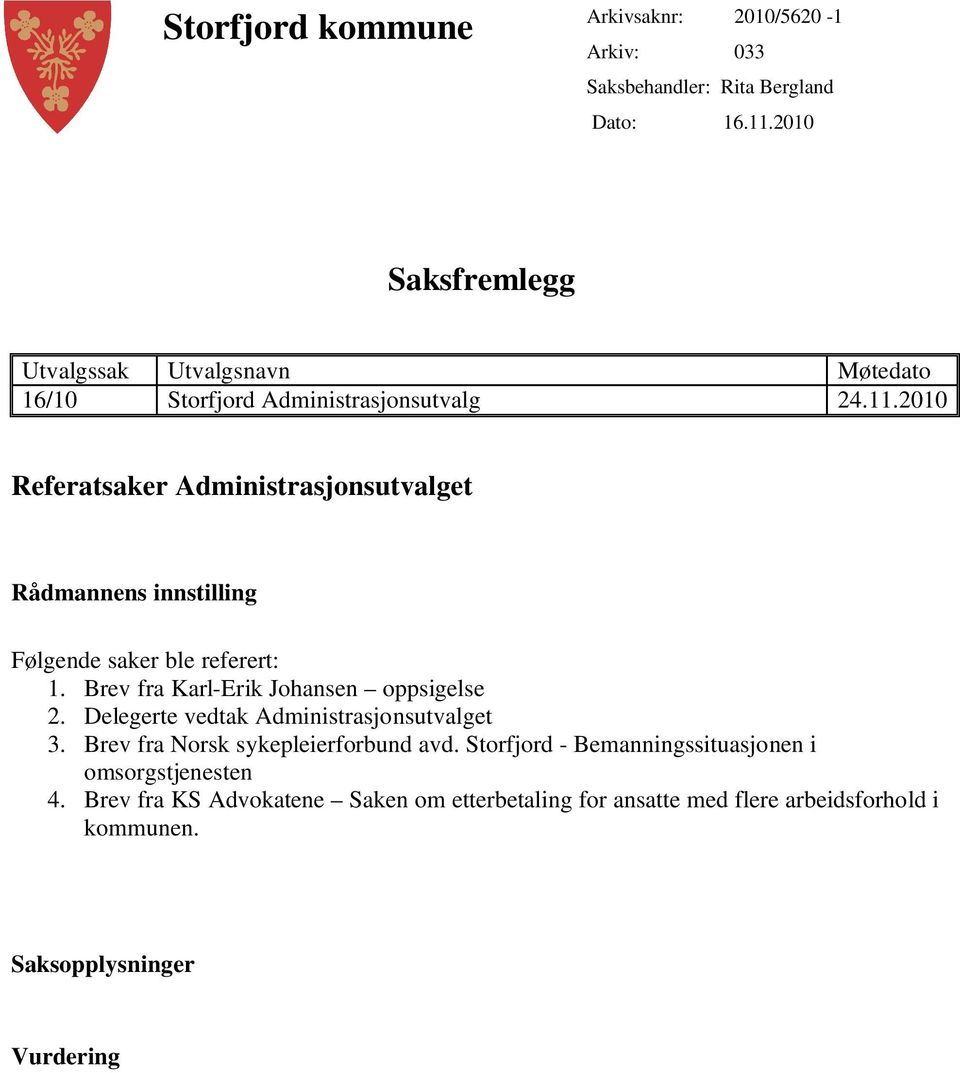 2010 Referatsaker Administrasjonsutvalget Rådmannens innstilling Følgende saker ble referert: 1. Brev fra Karl-Erik Johansen oppsigelse 2.