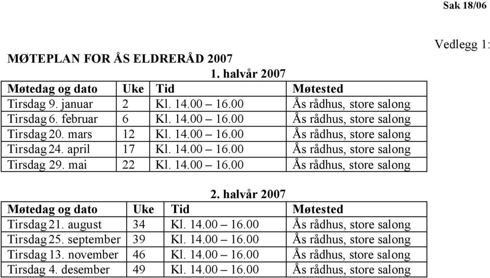 halvår 2007 Møtedag og dato Uke Tid Møtested Tirsdag 21. august 34 Kl. 14.00 16.00 Ås rådhus, store salong Tirsdag 25. september 39 Kl. 14.00 16.00 Ås rådhus, store salong Tirsdag 13.