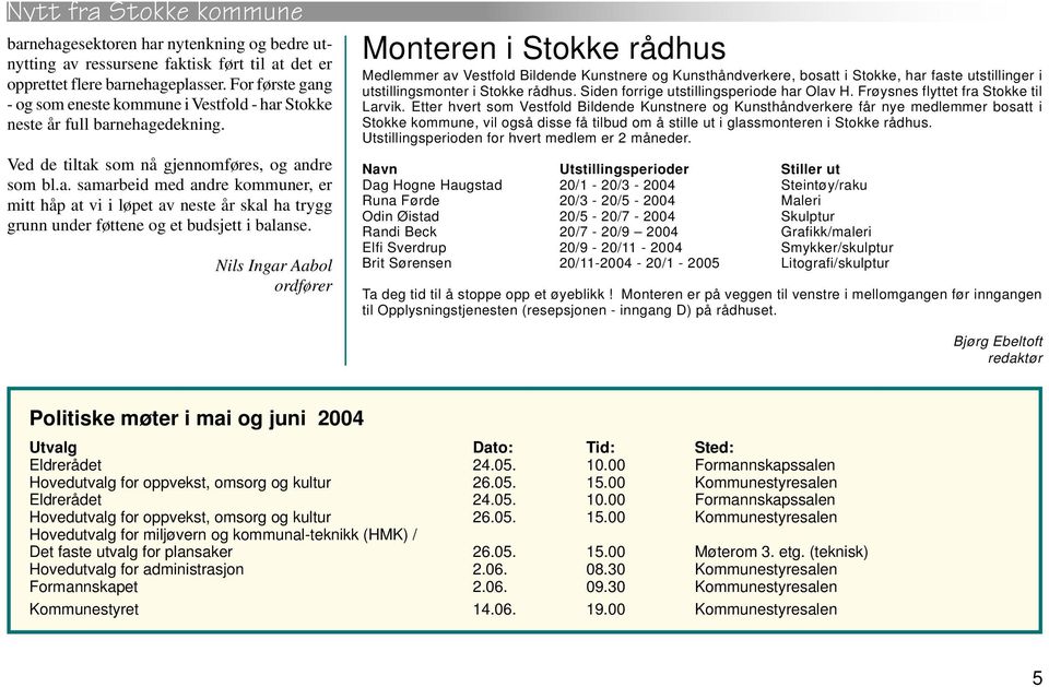 Nils Ingar Aabol ordfører Monteren i Stokke rådhus Medlemmer av Vestfold Bildende Kunstnere og Kunsthåndverkere, bosatt i Stokke, har faste utstillinger i utstillingsmonter i Stokke rådhus.