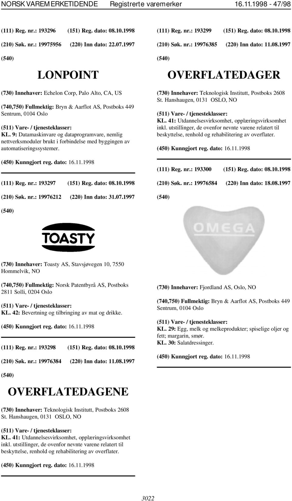 9: Datamaskinvare og dataprogramvare, nemlig nettverksmoduler brukt i forbindelse med byggingen av automatiseringssystemer. (111) Reg. nr.: 193297 (151) Reg. dato: 08.10.1998 (210) Søk. nr.: 19976212 (220) Inn dato: 31.