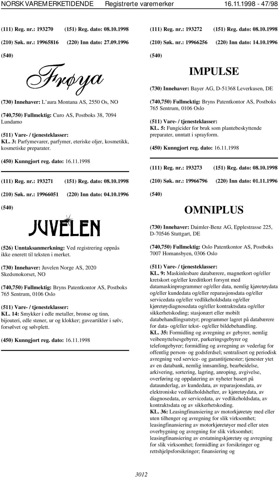 3: Parfymevarer, parfymer, eteriske oljer, kosmetikk, kosmetiske preparater. (111) Reg. nr.: 193271 (151) Reg. dato: 08.10.1998 KL.