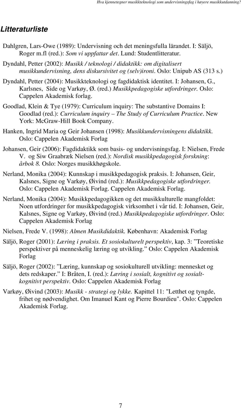 ) Dyndahl, Petter (2004): Musikkteknologi og fagdidaktisk identitet. I: Johansen, G., Karlsnes, Side og Varkøy, Ø. (red.) Musikkpedagogiske utfordringer. Oslo: Cappelen Akademisk forlag.