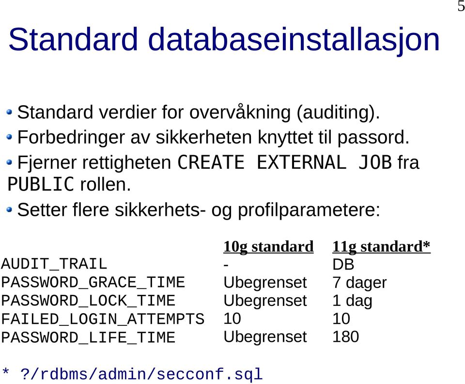 Setter flere sikkerhets- og profilparametere: AUDIT_TRAIL PASSWORD_GRACE_TIME PASSWORD_LOCK_TIME