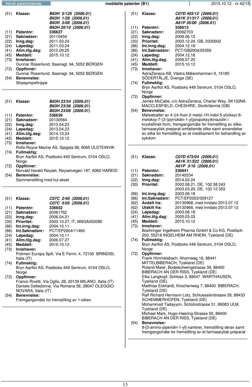 94, 5052 BERGEN Skipspropellvippe (51) Klasse: B63H 23/34 (2006.01) B63H 23/36 (2006.01) B63H 23/06 (2006.01) (11) Patentnr: 336639 (21) Søknadsnr: 20130564 (22) Inng.dag: 2013.04.