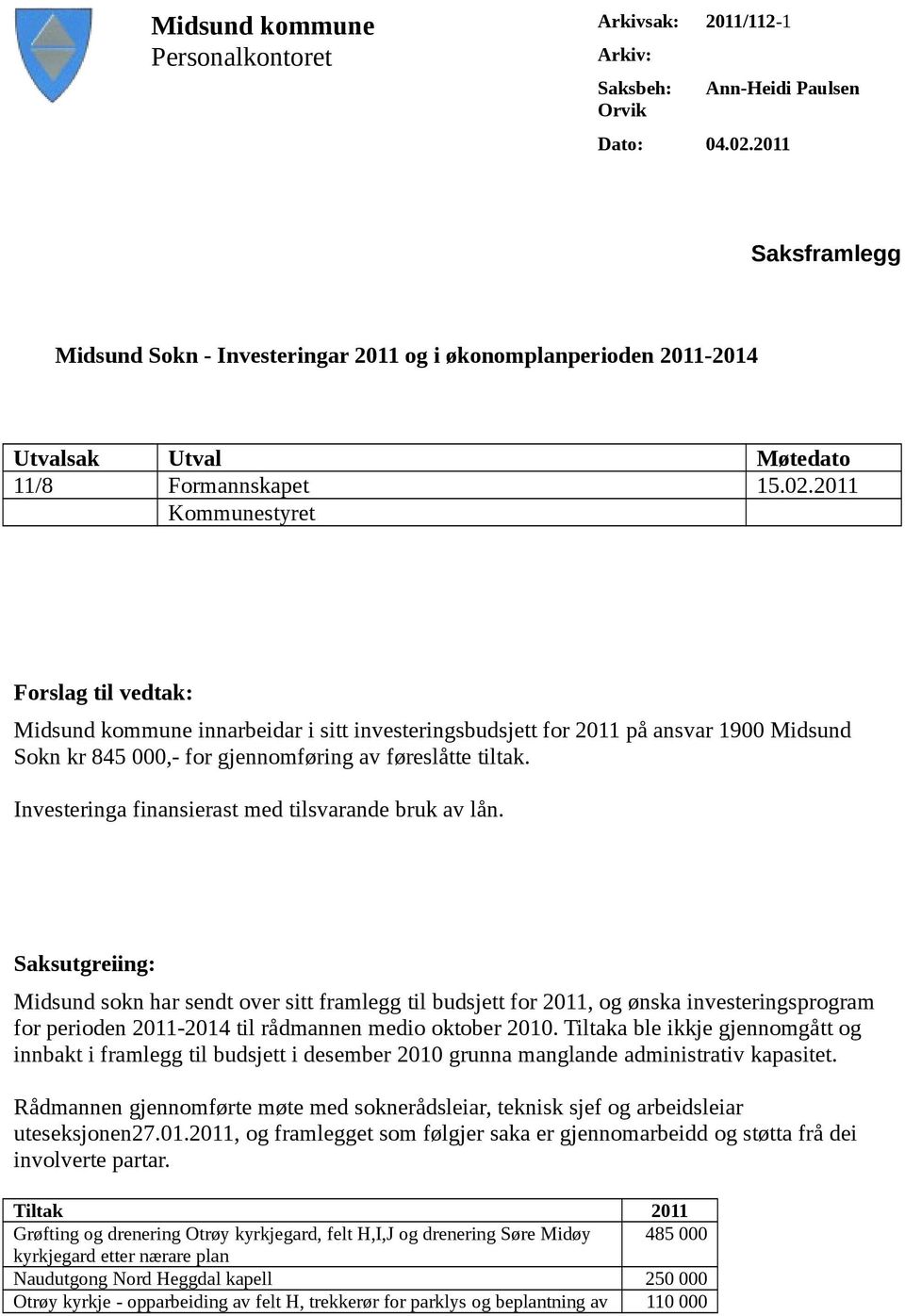 2011 Kommunestyret Forslag til vedtak: Midsund kommune innarbeidar i sitt investeringsbudsjett for 2011 på ansvar 1900 Midsund Sokn kr 845 000,- for gjennomføring av føreslåtte tiltak.