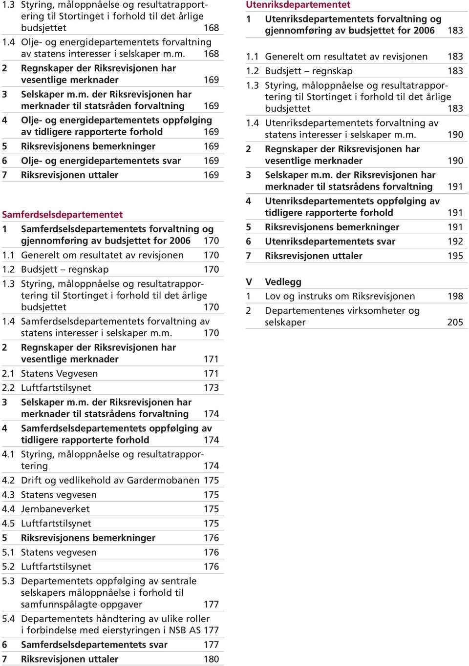 energidepartementets svar 169 7 Riksrevisjonen uttaler 169 Samferdselsdepartementet 1 Samferdselsdepartementets forvaltning og gjennomføring av budsjettet for 2006 170 1.