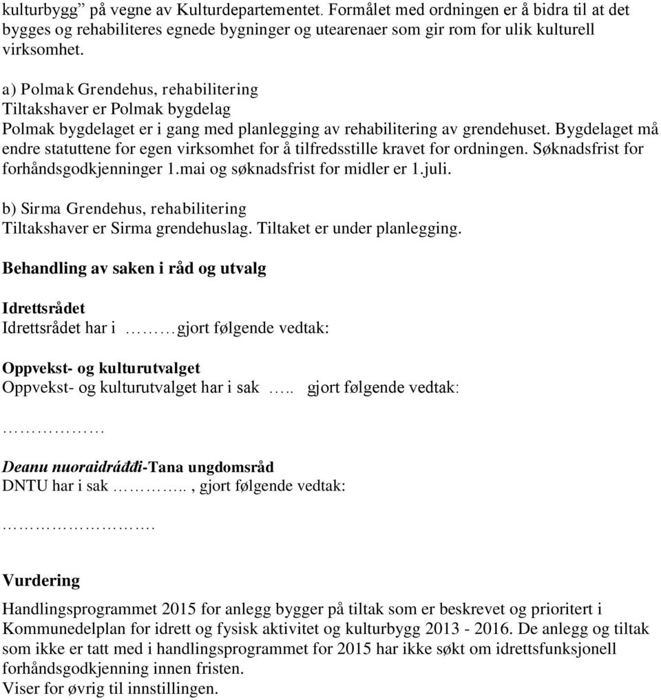 Bygdelaget må endre statuttene for egen virksomhet for å tilfredsstille kravet for ordningen. Søknadsfrist for forhåndsgodkjenninger 1.mai og søknadsfrist for midler er 1.juli.