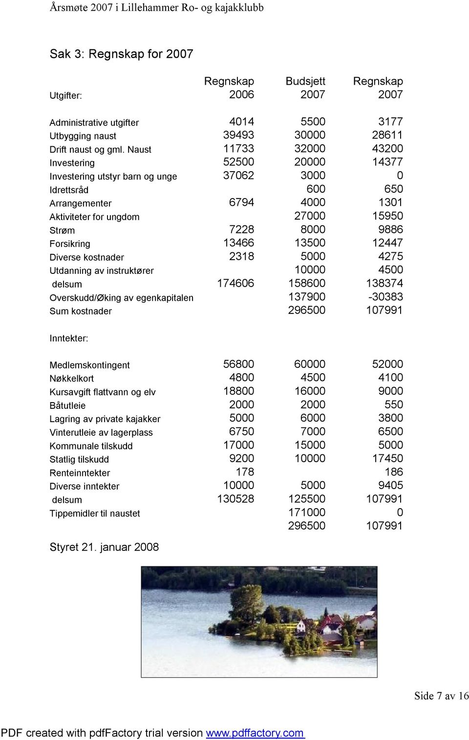 9886 Forsikring 13466 13500 12447 Diverse kostnader 2318 5000 4275 Utdanning av instruktører 10000 4500 delsum 174606 158600 138374 Overskudd/Øking av egenkapitalen 137900-30383 Sum kostnader 296500