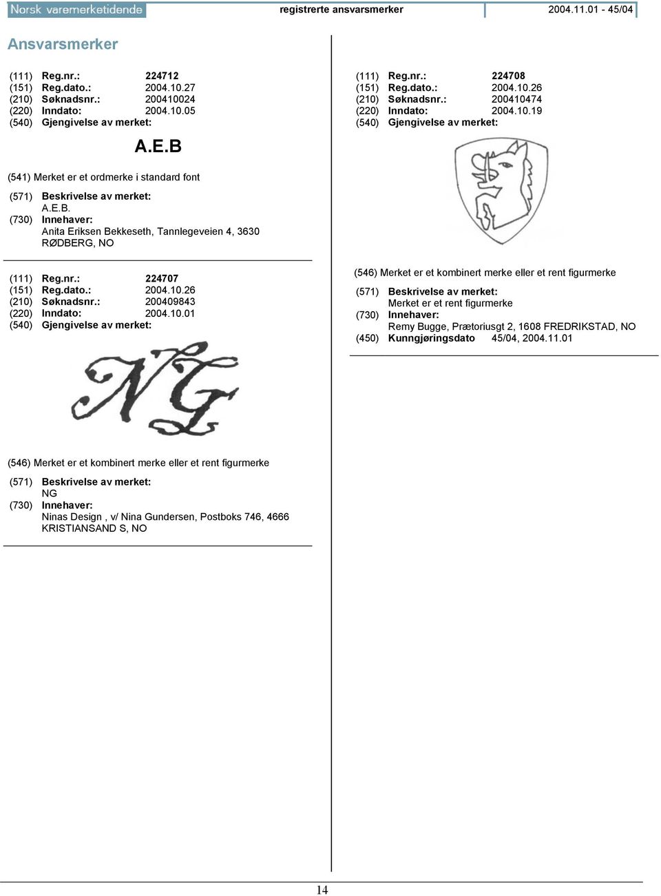 nr.: 224707 (151) Reg.dato.: 2004.10.26 (210) Søknadsnr.: 200409843 (220) Inndato: 2004.10.01 Merket er et rent figurmerke Remy Bugge, Prætoriusgt 2, 1608 FREDRIKSTAD, NO (450) Kunngjøringsdato 45/04, 2004.
