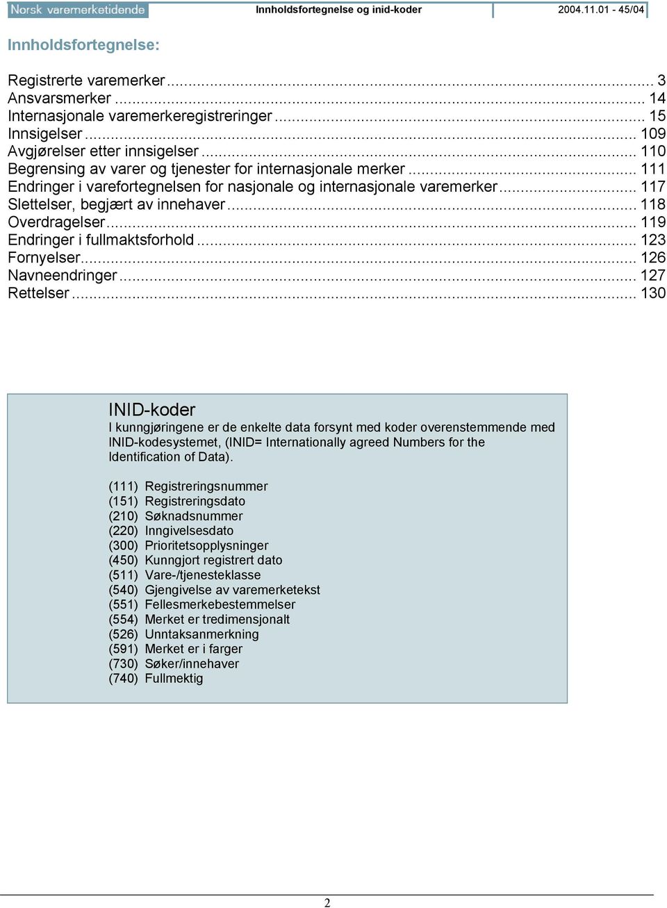 .. 117 Slettelser, begjært av innehaver... 118 Overdragelser... 119 Endringer i fullmaktsforhold... 123 Fornyelser... 126 Navneendringer... 127 Rettelser.