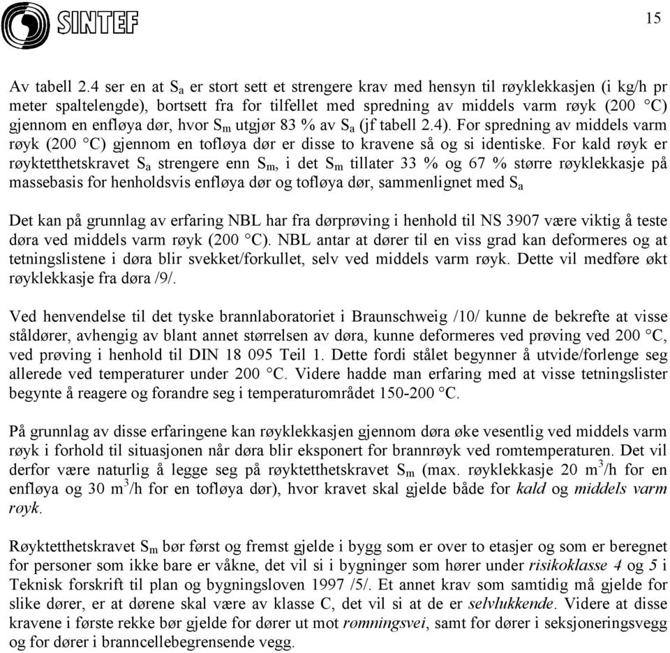 dør, hvor S m utgjør 83 % av S a (jf tabell 2.4). For spredning av middels varm røyk (200 C) gjennom en tofløya dør er disse to kravene så og si identiske.