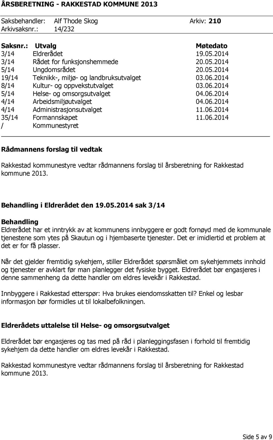 06.2014 35/14 Formannskapet 11.06.2014 / Kommunestyret Rådmannens forslag til vedtak i Eldrerådet den 19.05.
