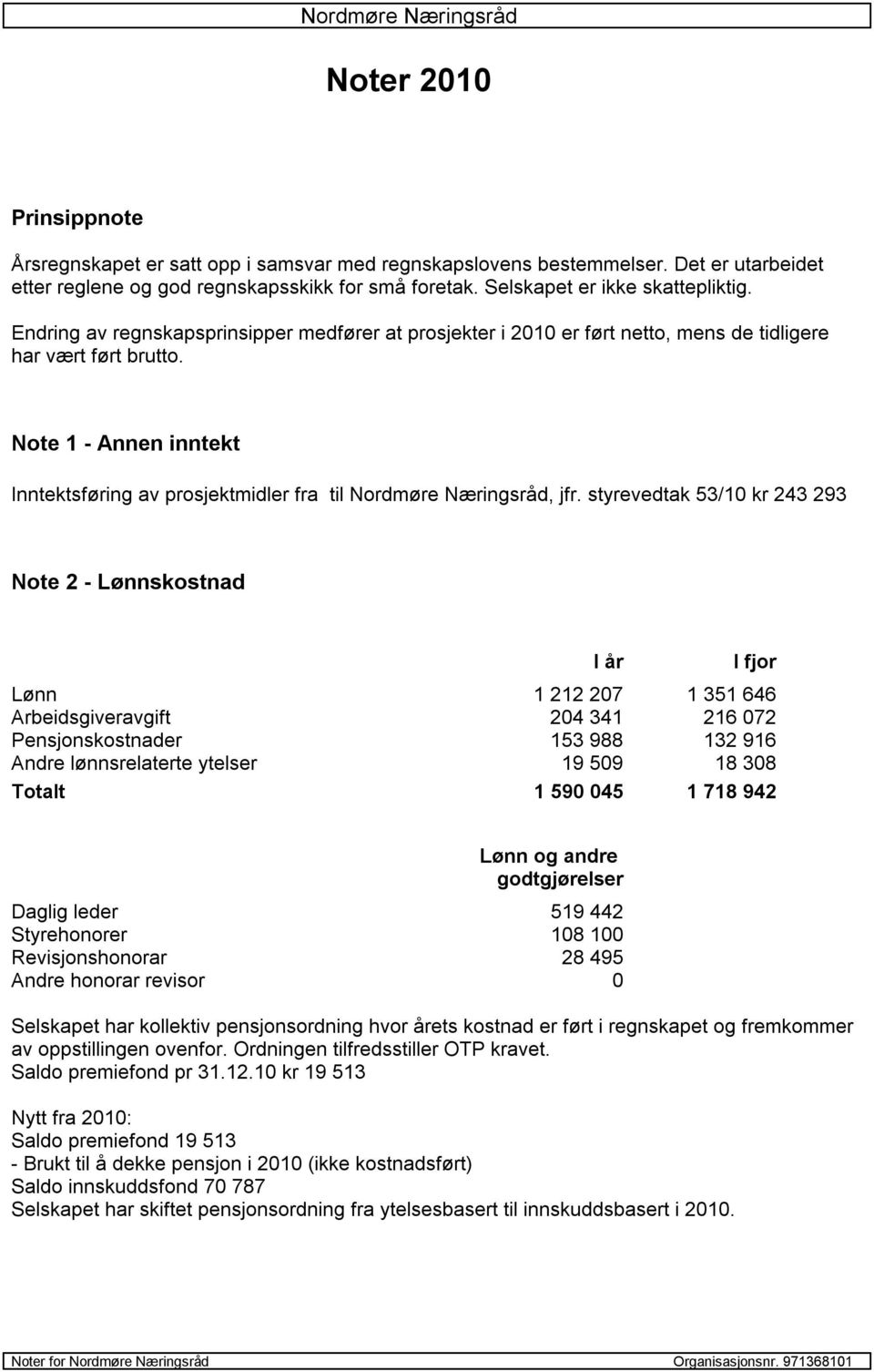 Note 1 - Annen inntekt Inntektsføring av prosjektmidler fra til Nordmøre Næringsråd, jfr.