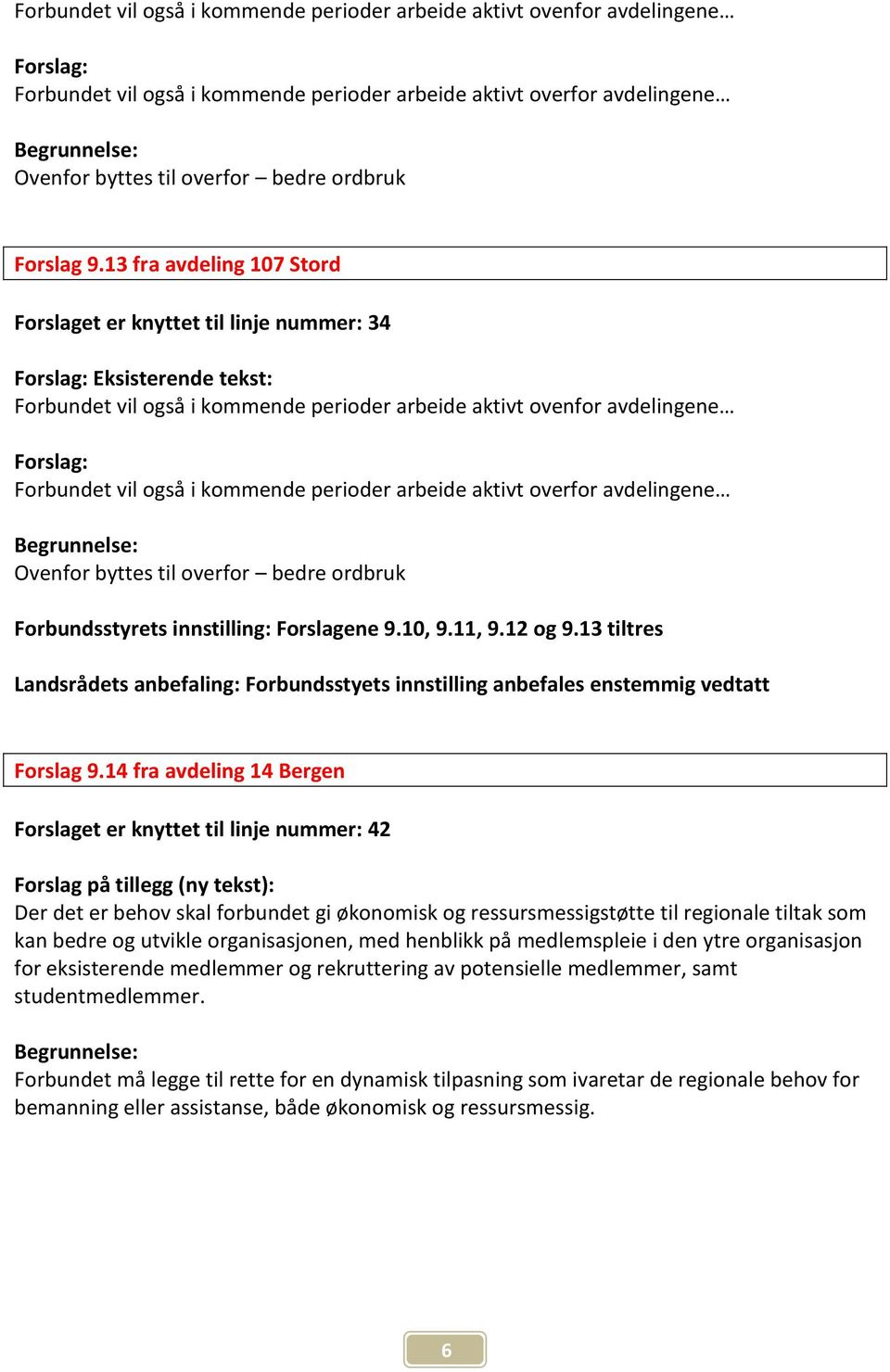 14 fra avdeling 14 Bergen Forslaget er knyttet til linje nummer: 42 Forslag på tillegg (ny tekst): Der det er behov skal forbundet gi økonomisk og ressursmessigstøtte til regionale tiltak som kan