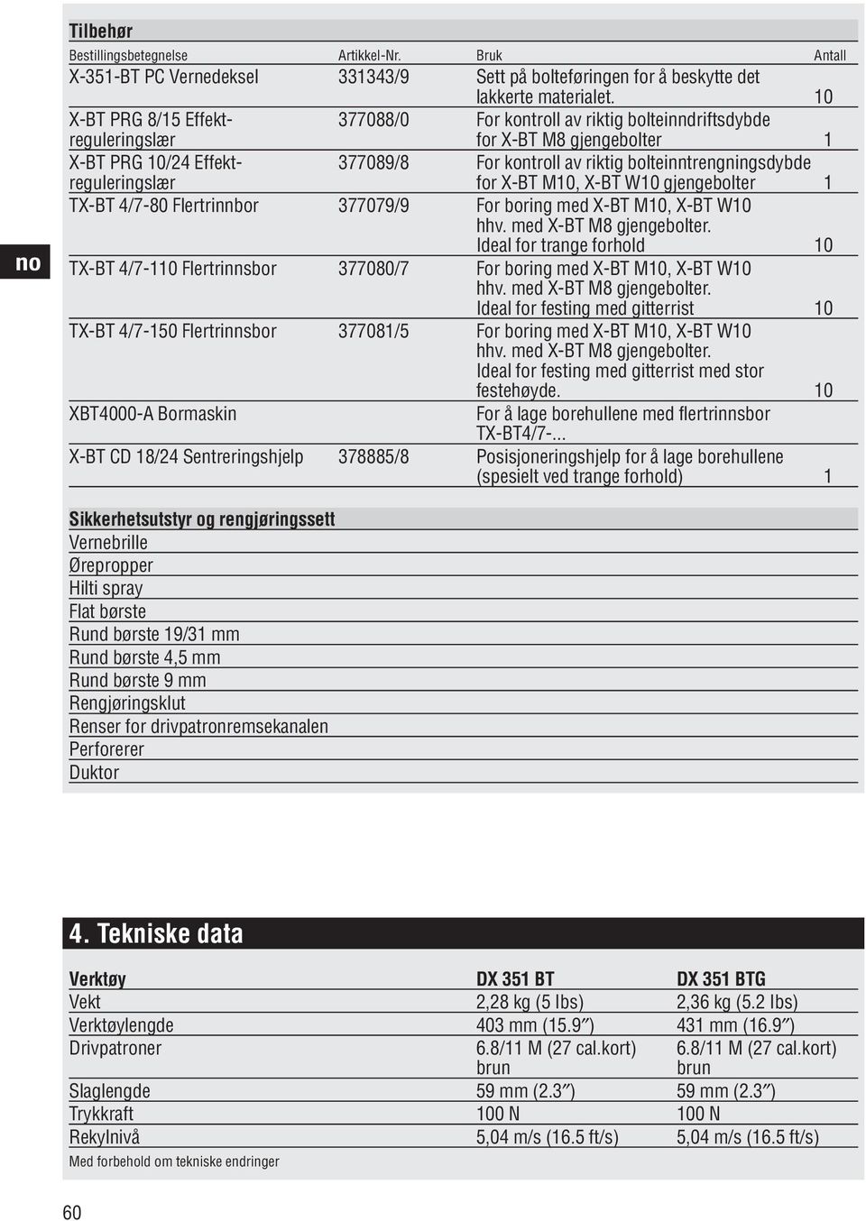 reguleringslær for X-BT M10, X-BT W10 gjengebolter 1 TX-BT 4/7-80 Flertrinnbor 377079/9 For boring med X-BT M10, X-BT W10 hhv. med X-BT M8 gjengebolter.