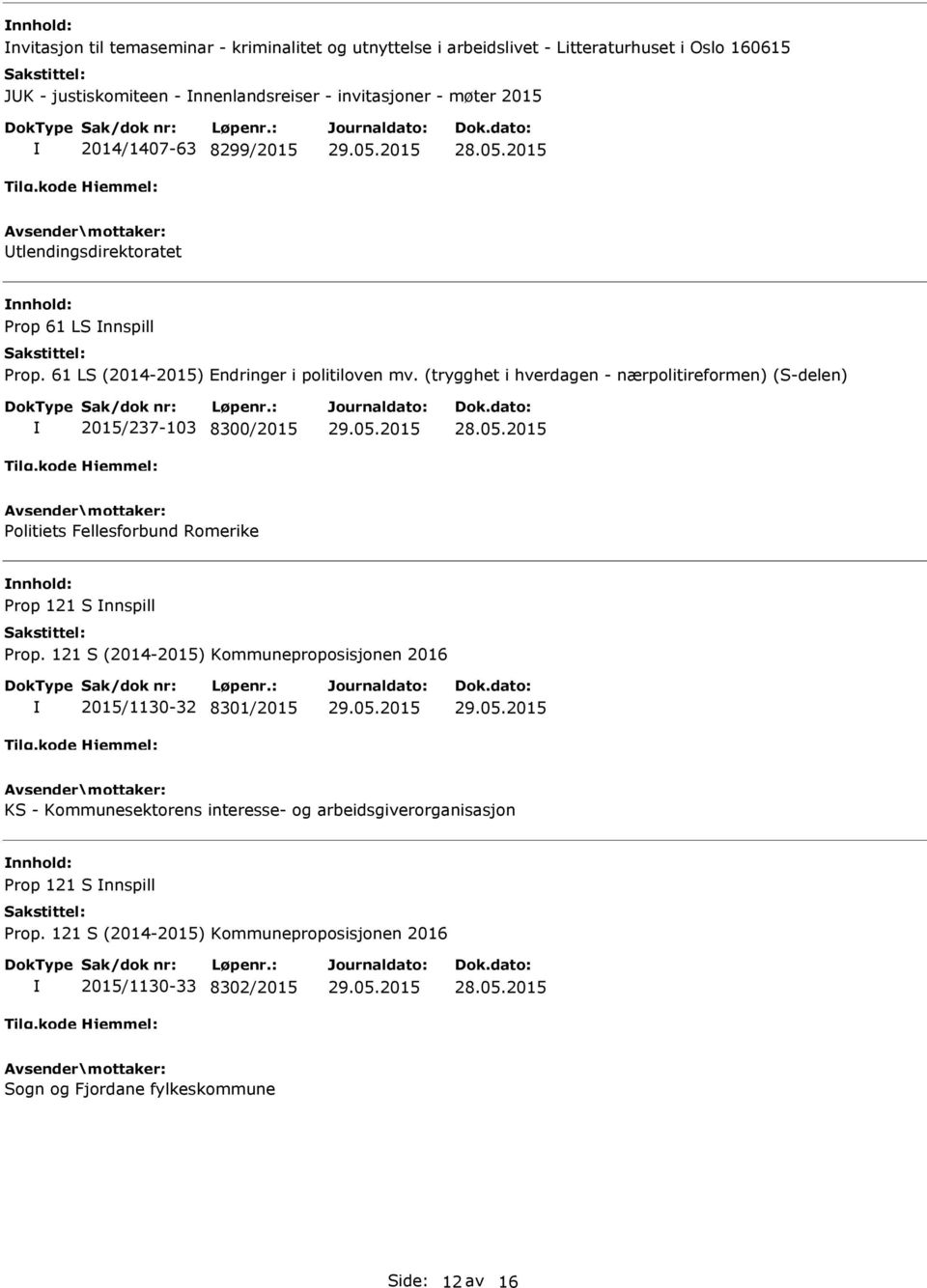 (trygghet i hverdagen - nærpolitireformen) (S-delen) 2015/237-103 8300/2015 Politiets Fellesforbund Romerike Prop 121 S nnspill Prop.