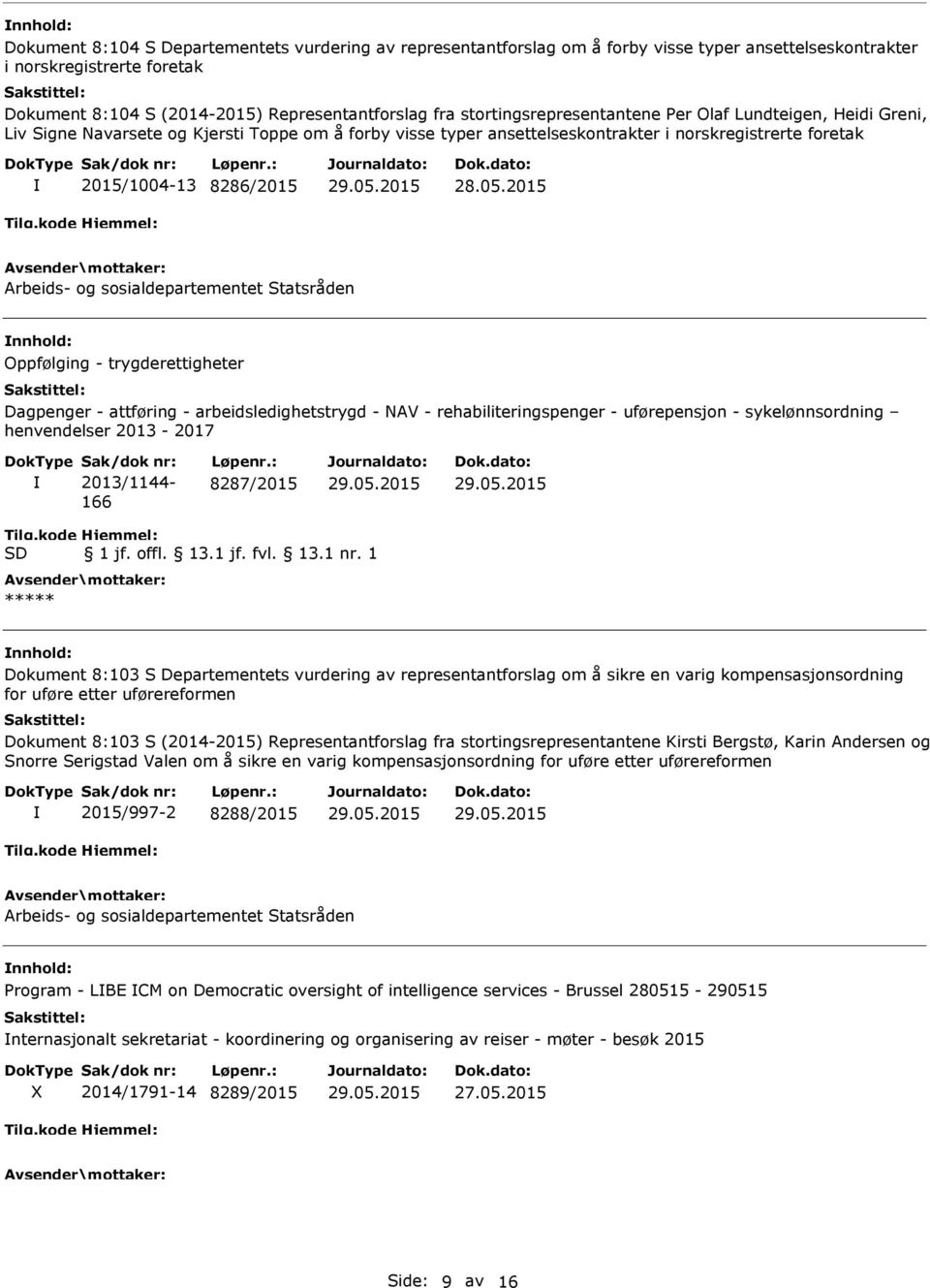 og sosialdepartementet Statsråden Oppfølging - trygderettigheter Dagpenger - attføring - arbeidsledighetstrygd - NAV - rehabiliteringspenger - uførepensjon - sykelønnsordning henvendelser 2013-2017