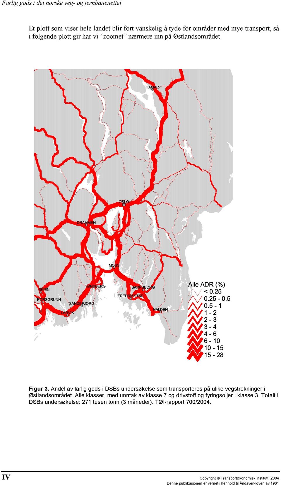 25-0.5 0.5-1 1 2 2 3 3 4 4 6 6-10 10 15 15-28 Figur 3. Andel av farlig gods i DSBs undersøkelse som transporteres på ulike vegstrekninger i Østlandsområdet.