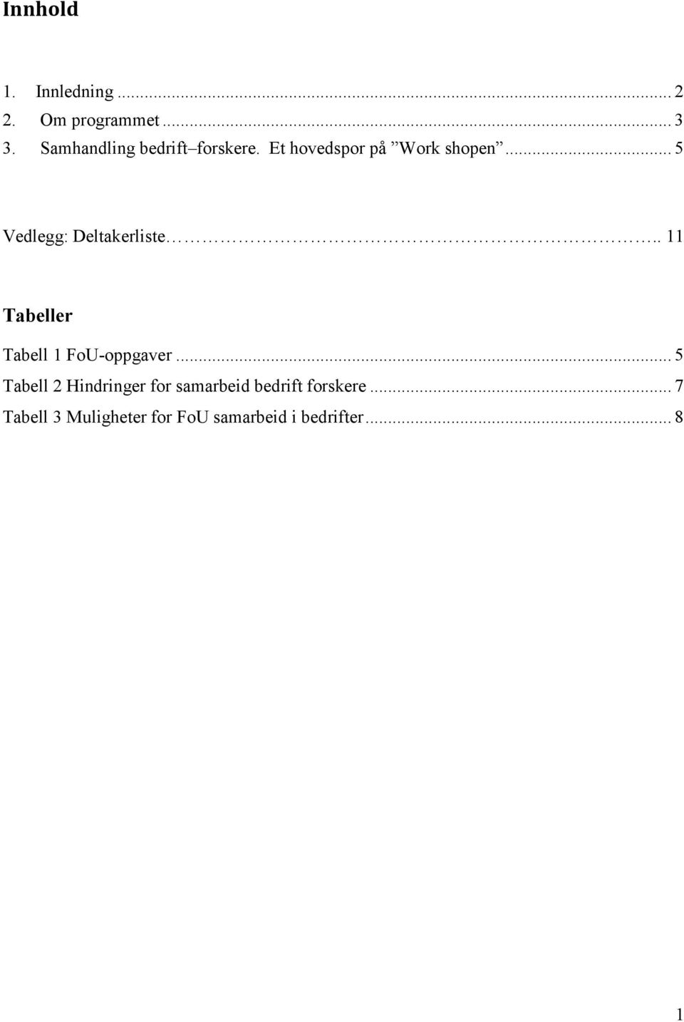 .. 5 Vedlegg: Deltakerliste.. 11 Tabeller Tabell 1 FoU-oppgaver.