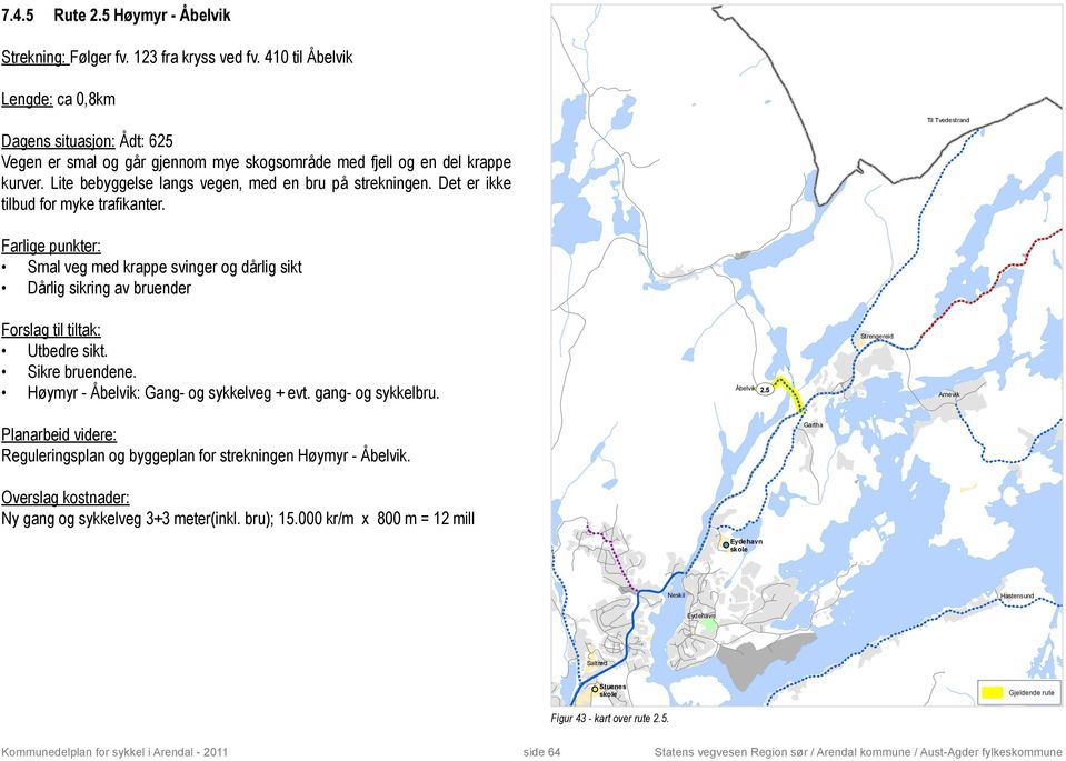 Det er ikke tilbud for myke trafikanter. Til Tvedestrand Smal veg med krappe svinger og dårlig sikt Dårlig sikring av bruender Utbedre sikt. Sikre bruendene.