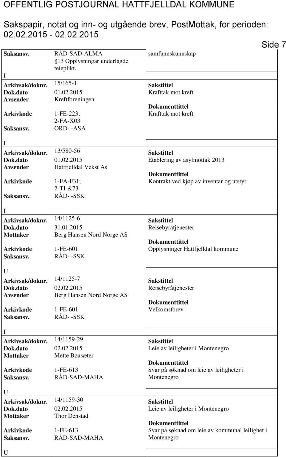 2015 Etablering av asylmottak 2013 Avsender Hattfjelldal Vekst As Arkivkode 1-FA-F31; Kontrakt ved kjøp av inventar og utstyr 2-T-&73 aksansv. RÅD- -K Arkivsak/doknr. 14/1125-6 akstittel Dok.dato 31.
