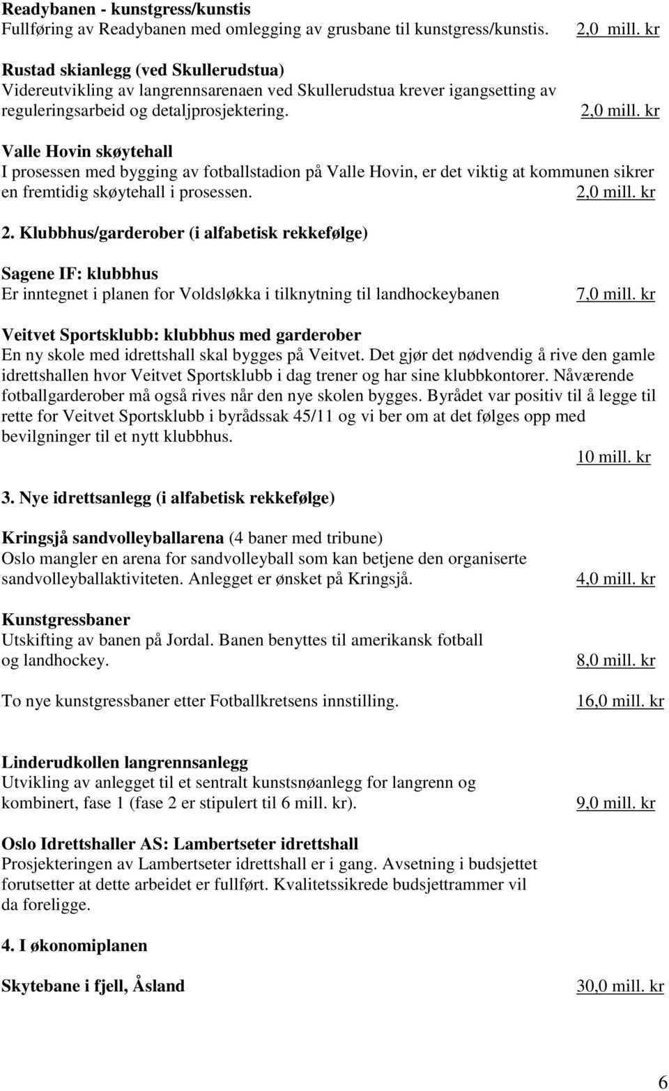 kr Valle Hovin skøytehall I prosessen med bygging av fotballstadion på Valle Hovin, er det viktig at kommunen sikrer en fremtidig skøytehall i prosessen. 2,0 mill. kr 2.