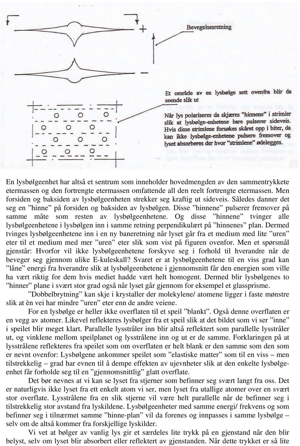 Disse hinnene pulserer fremover på samme måte som resten av lysbølgeenhetene. Og disse hinnene tvinger alle lysbølgeenhetene i lysbølgen inn i samme retning perpendikulært på hinnenes plan.