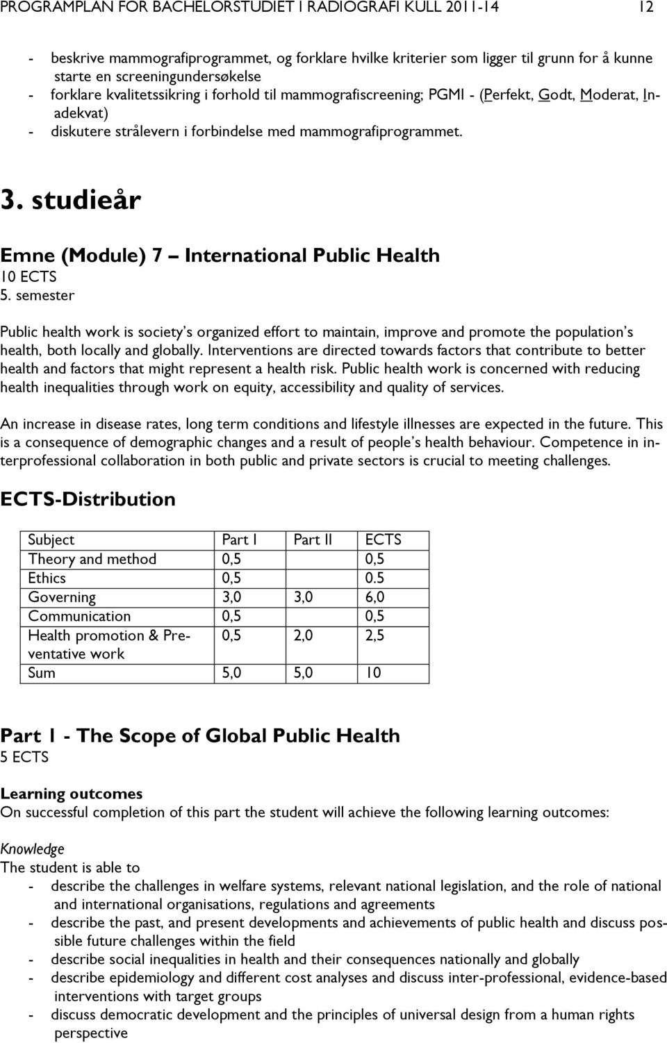 studieår Emne (Module) 7 International Public Health 10 ECTS 5.