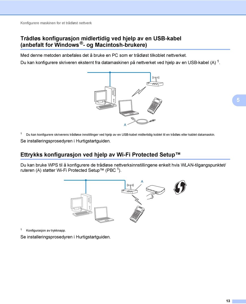 5 A 1 Du kan konfigurere skriverens trådløse innstillinger ved hjelp av en USB-kabel midlertidig koblet til en trådløs eller kablet datamaskin. Se installeringsprosedyren i Hurtigstartguiden.