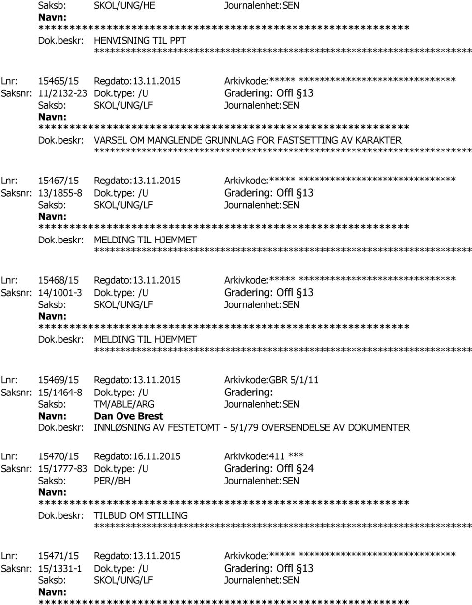2015 Arkivkode:***** ****************************** Saksnr: 13/1855-8 Dok.type: /U Gradering: Offl 13 Dok.beskr: MELDING TIL HJEMMET ************ Lnr: 15468/15 Regdato:13.11.