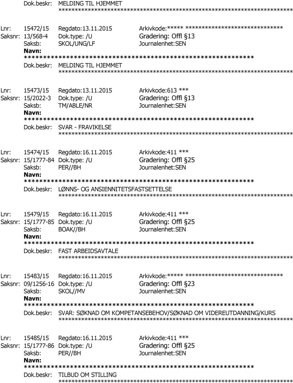 beskr: SVAR - FRAVIKELSE ************ Lnr: 15474/15 Regdato:16.11.2015 Arkivkode:411 *** Saksnr: 15/1777-84 Dok.type: /U Gradering: Offl 25 ************ Lnr: 15479/15 Regdato:16.11.2015 Arkivkode:411 *** Saksnr: 15/1777-85 Dok.