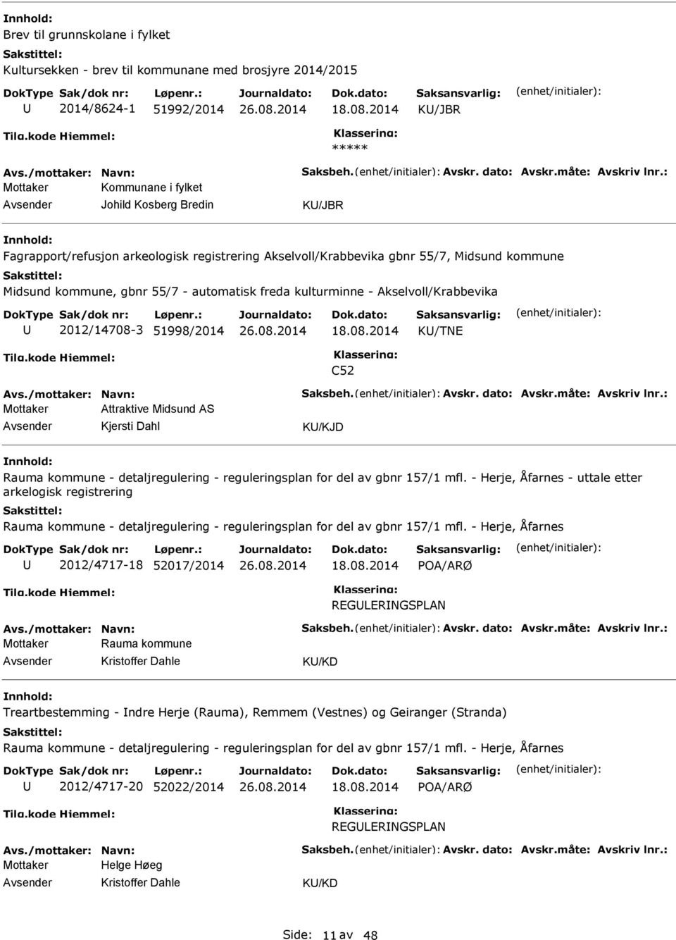 : Mottaker Kommunane i fylket Johild Kosberg Bredin K/JBR nnhold: Fagrapport/refusjon arkeologisk registrering Akselvoll/Krabbevika gbnr 55/7, Midsund kommune Midsund kommune, gbnr 55/7 - automatisk