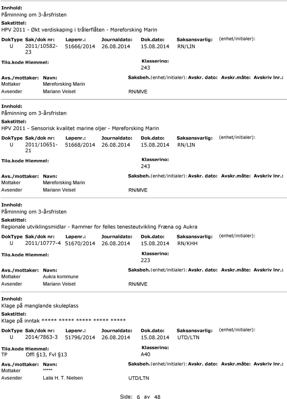 : Mottaker Møreforsking Marin Mariann Veiset RN/MVE nnhold: Påminning om 3-årsfristen HPV 2011 - Sensorisk kvalitet marine oljer - Møreforsking Marin Sak/dok nr: 2011/10651-21 Løpenr.: 51668/2014 15.