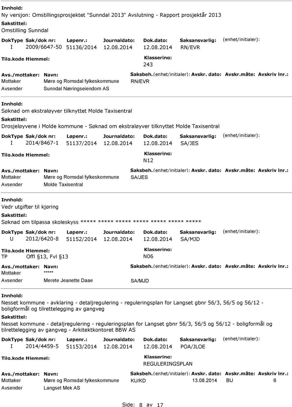 N12 Mottaker Møre og Romsdal fylkeskommune SA/JES Molde Taxisentral nnhold: Vedr utgifter til kjøring Søknad om tilpassa skoleskyss ***** ***** ***** ***** ***** ***** ***** 2012/6420-8 51152/2014