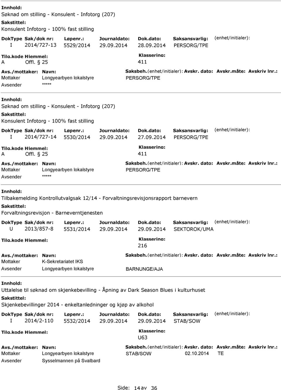 : Tilbakemelding Kontrollutvalgsak 12/14 - Forvaltningsrevisjonsrapport barnevern Forvaltningsrevisjon - Barneverntjenesten 2013/857-8 5531/2014 SEKTOROK/M 216 vs./mottaker: Navn: Saksbeh. vskr.